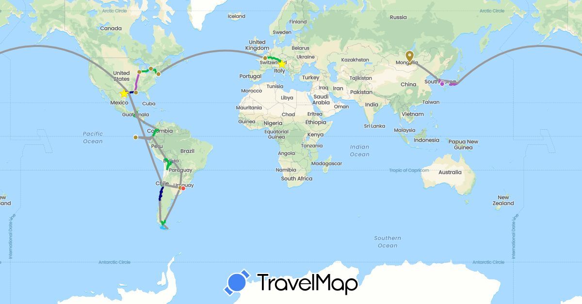 TravelMap itinerary: driving, bus, plane, train, hiking, boat, metro, varied, taxi in Argentina, Bolivia, Canada, Chile, Colombia, Costa Rica, Ecuador, France, Guatemala, Japan, South Korea, Mongolia, Paraguay, Slovenia, El Salvador, United States, Uruguay (Asia, Europe, North America, South America)