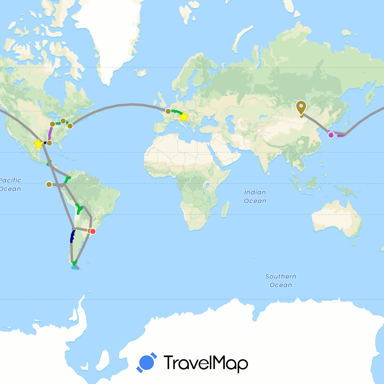 TravelMap itinerary: driving, bus, plane, train, hiking, boat, metro, varied, taxi in Argentina, Bolivia, Canada, Chile, Colombia, Costa Rica, Ecuador, France, Guatemala, Japan, South Korea, Mongolia, Paraguay, Slovenia, El Salvador, United States, Uruguay (Asia, Europe, North America, South America)