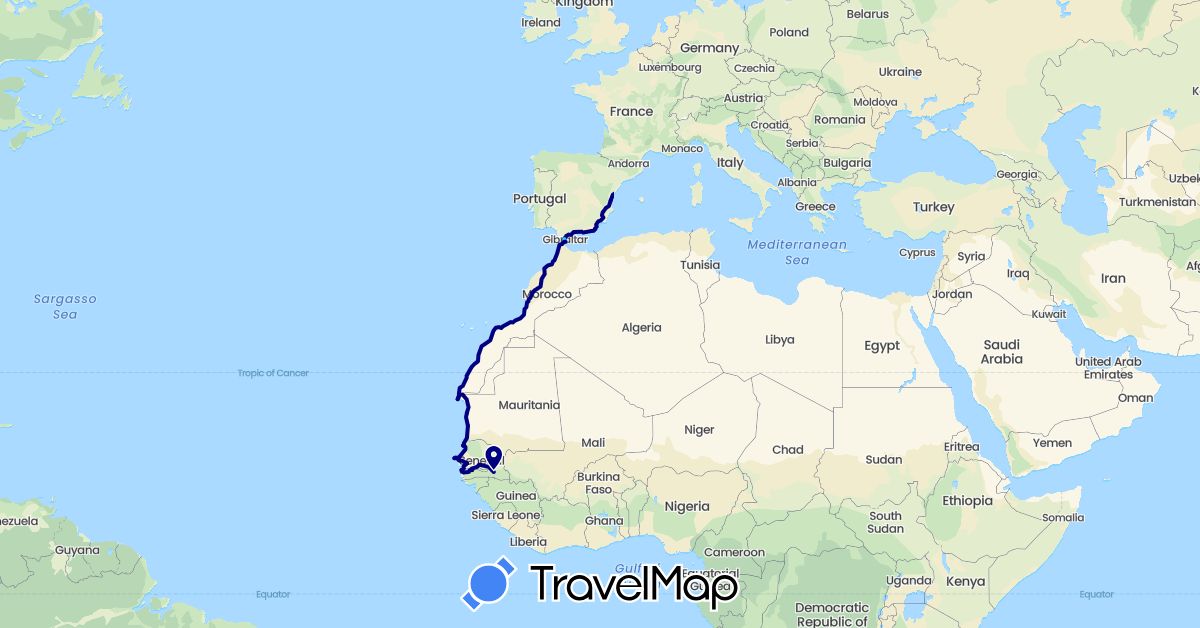 TravelMap itinerary: driving, boat in Andorra, Western Sahara, Spain, Gambia, Mauritania, Slovenia, Senegal (Africa, Europe)