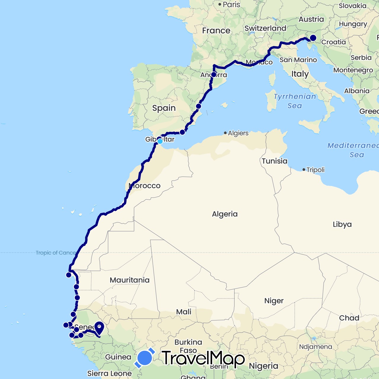 TravelMap itinerary: driving, boat in Andorra, Western Sahara, Spain, Gambia, Mauritania, Slovenia, Senegal (Africa, Europe)