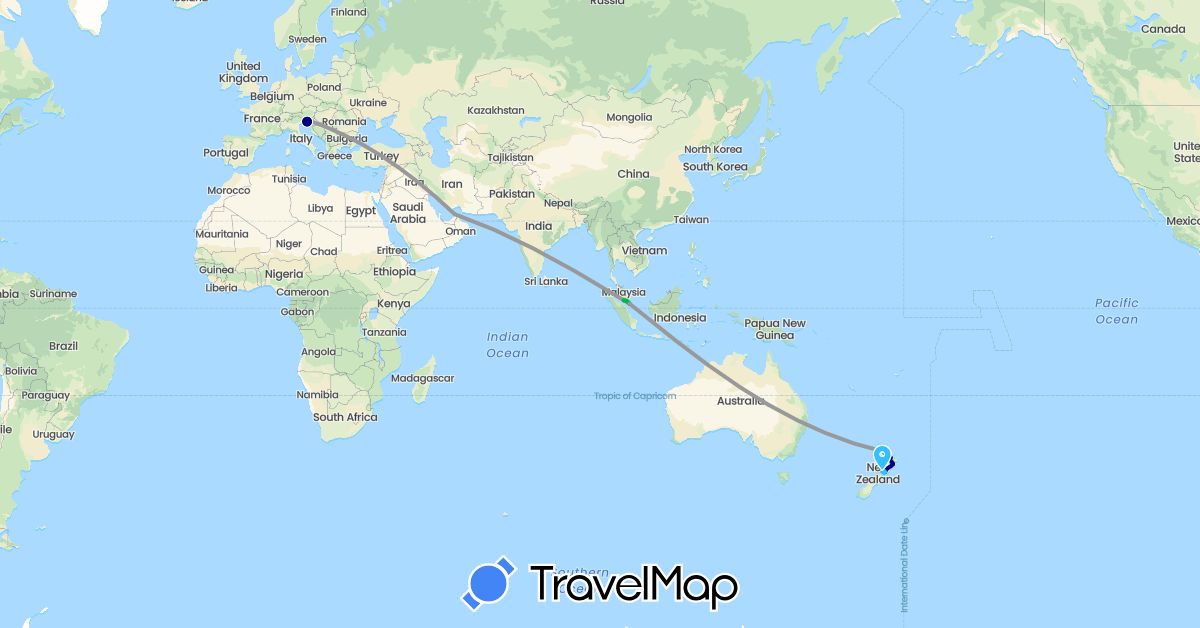 TravelMap itinerary: driving, bus, plane, hiking, boat in United Arab Emirates, Malaysia, New Zealand, Singapore, Slovenia (Asia, Europe, Oceania)