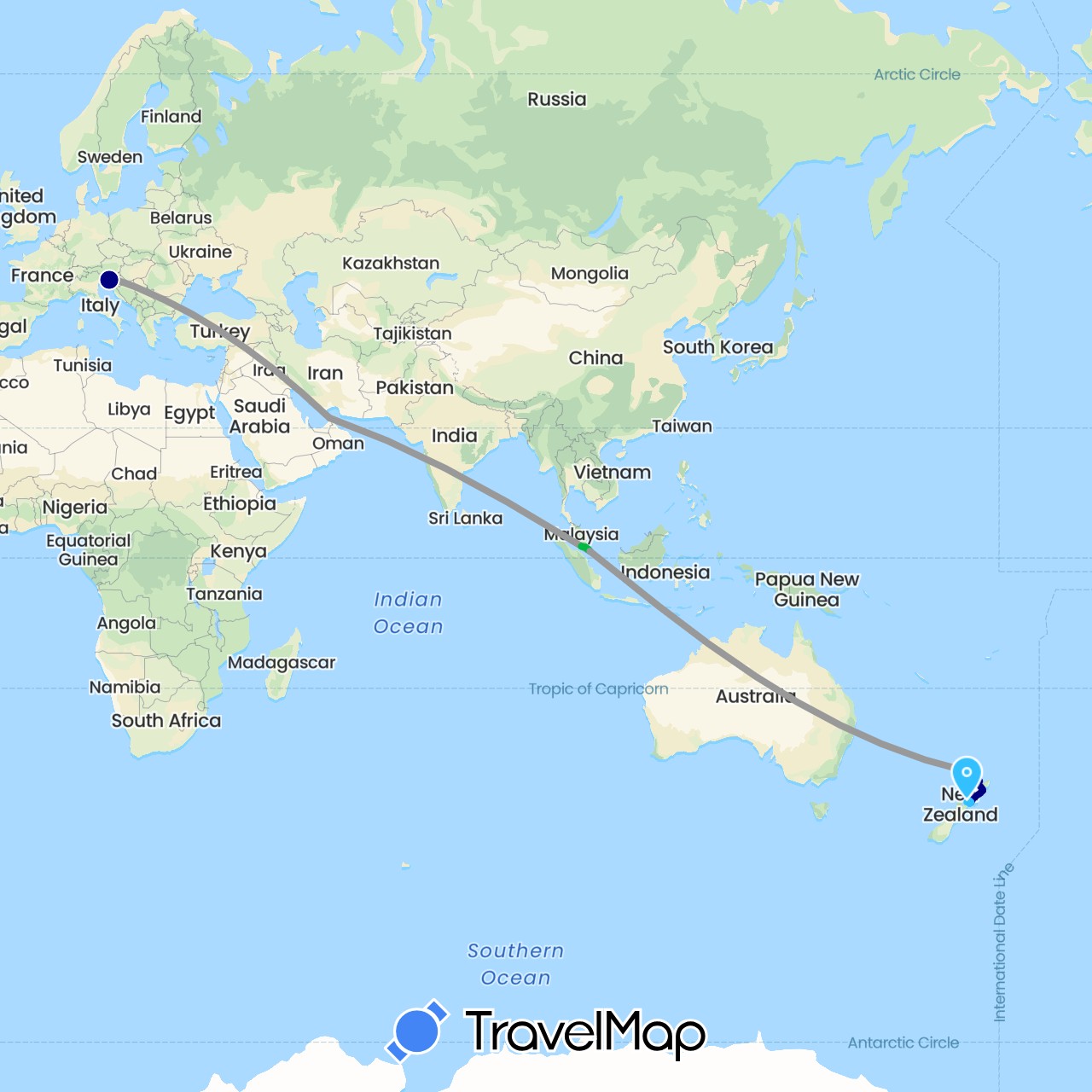 TravelMap itinerary: driving, bus, plane, hiking, boat in United Arab Emirates, Malaysia, New Zealand, Singapore, Slovenia (Asia, Europe, Oceania)